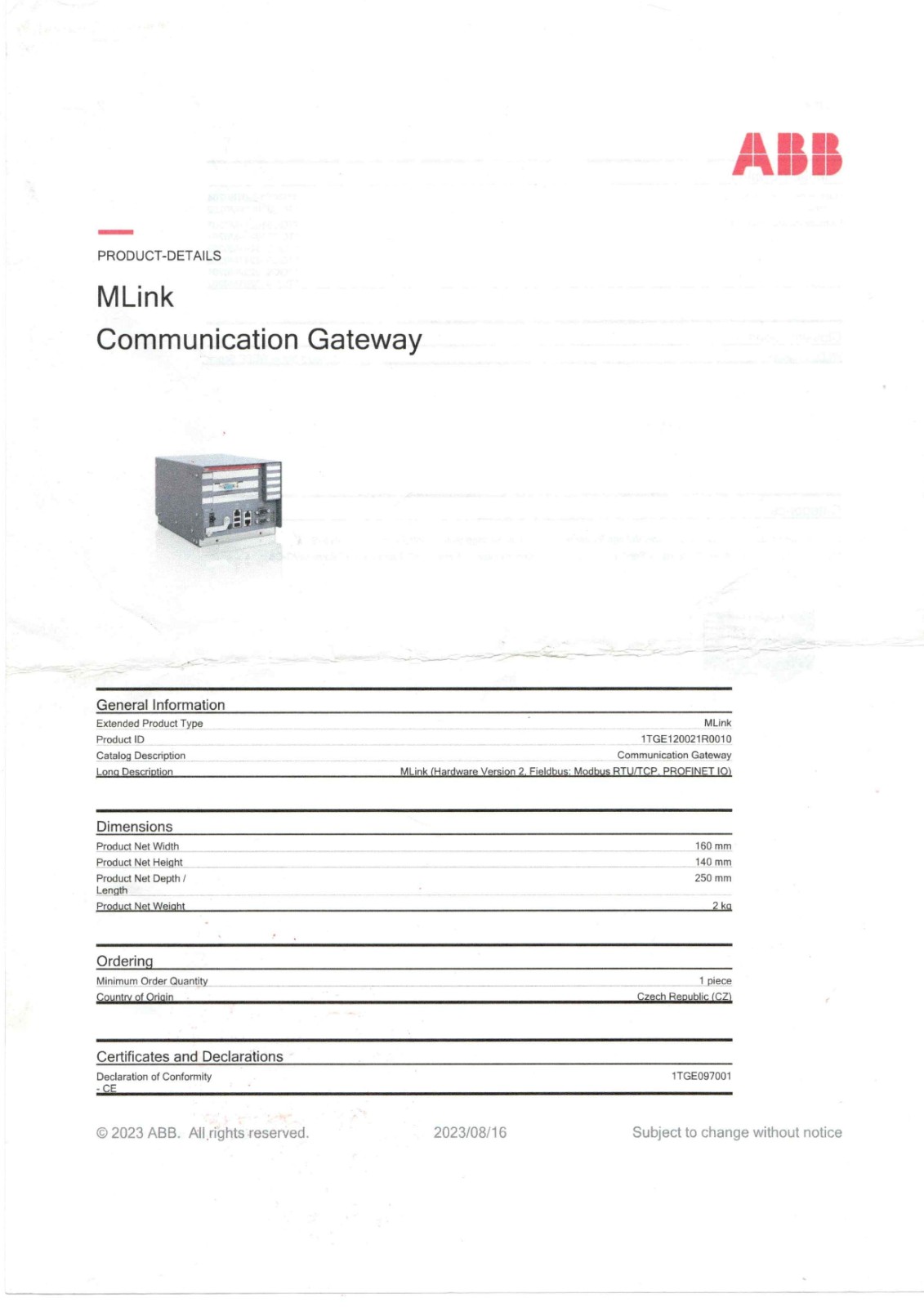 ABB 1TGE120021R0010